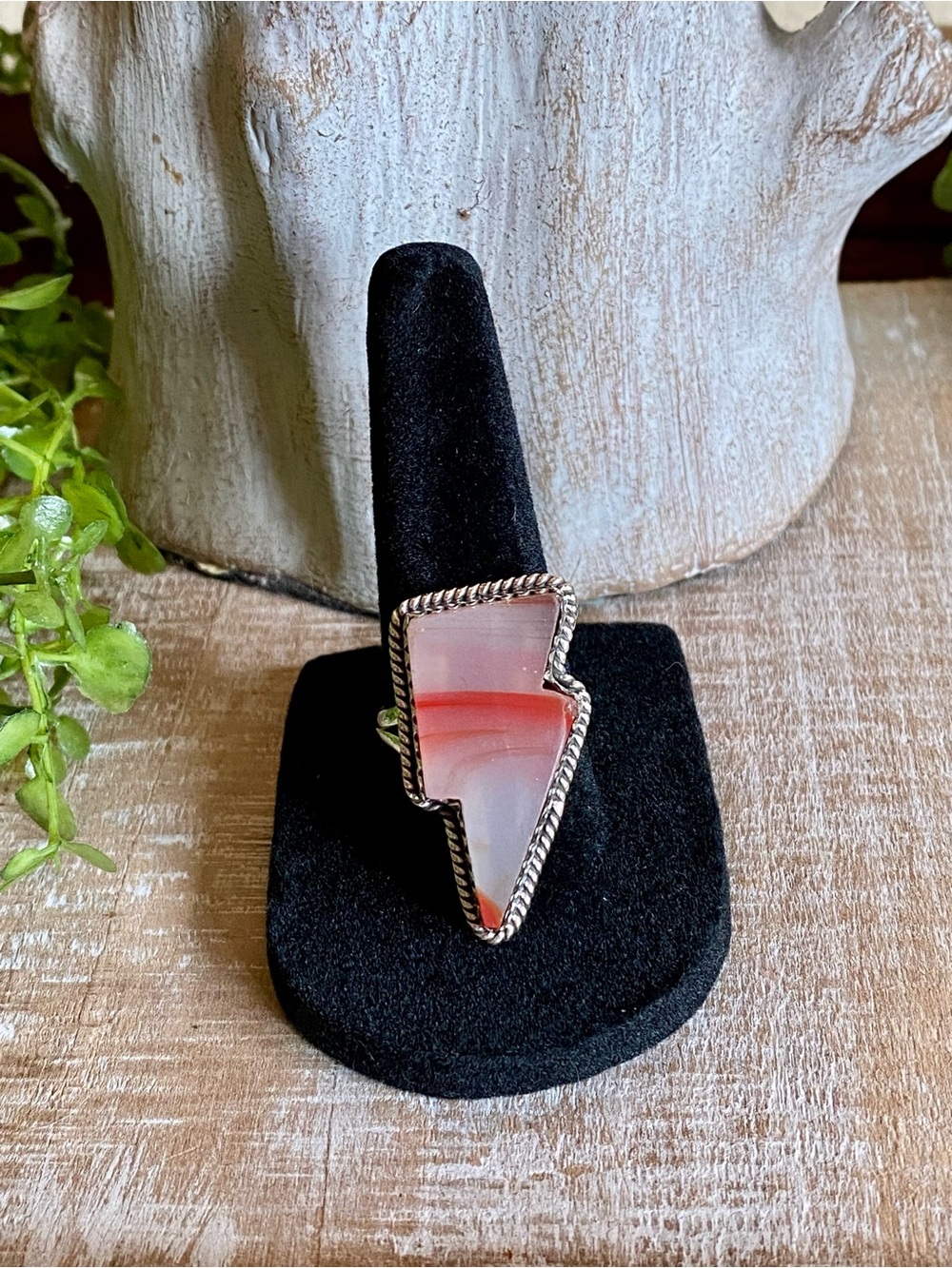 R14 Botswana lace agate lightening bolt sterling silver ring | size 8